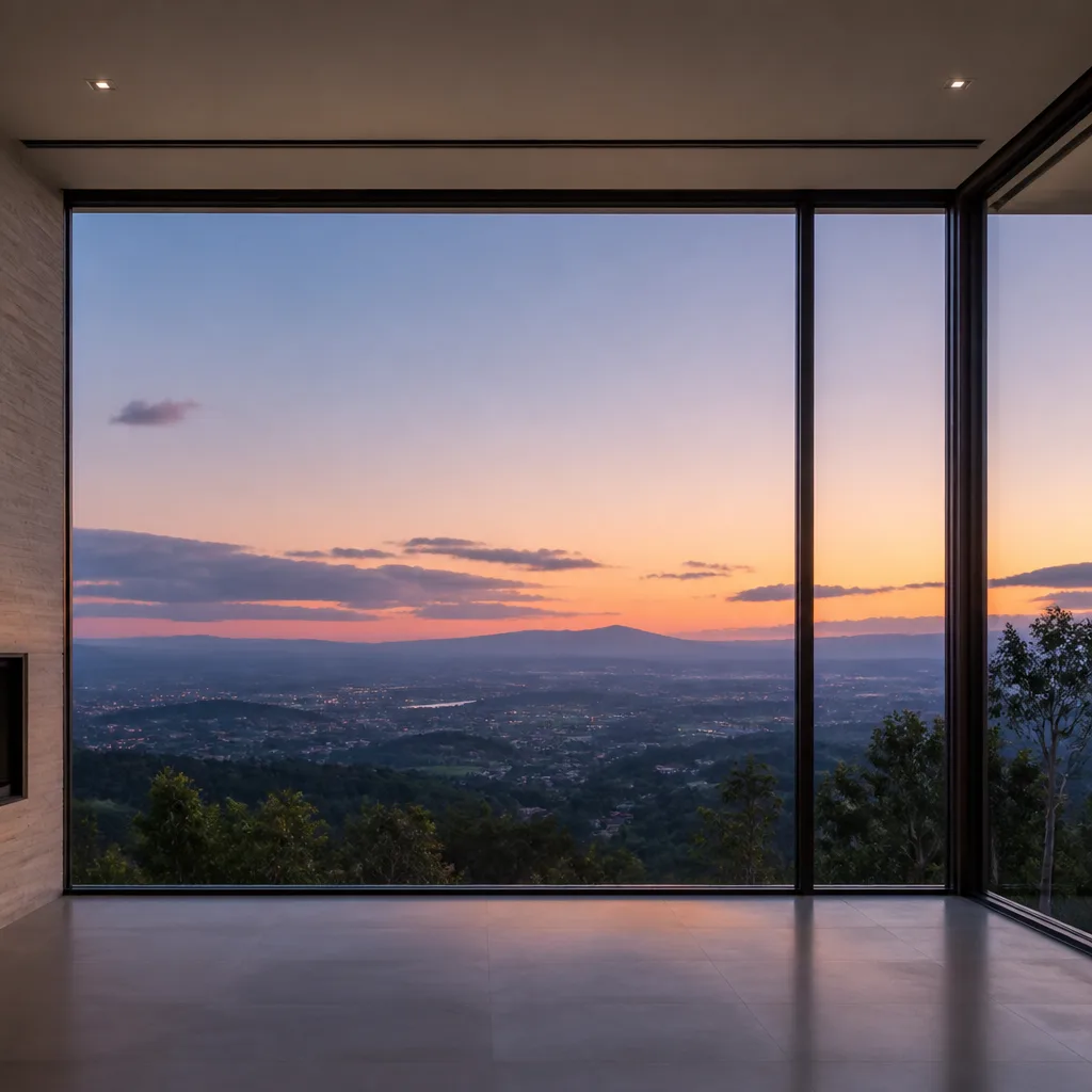Modern floor-to-ceiling custom windows with panoramic sunset mountain views in Greenacres, FL