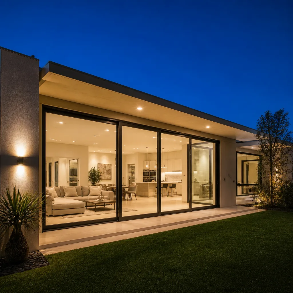 Modern luxury home with expansive sliding glass patio doors at night in Greenacres, FL