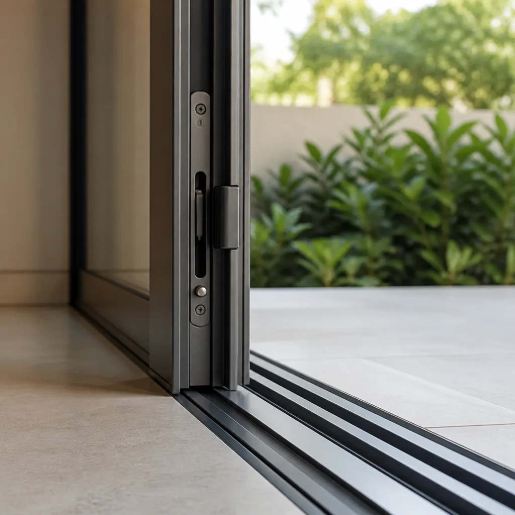 Modern aluminum sliding patio door track and locking mechanism in Greenacres, FL